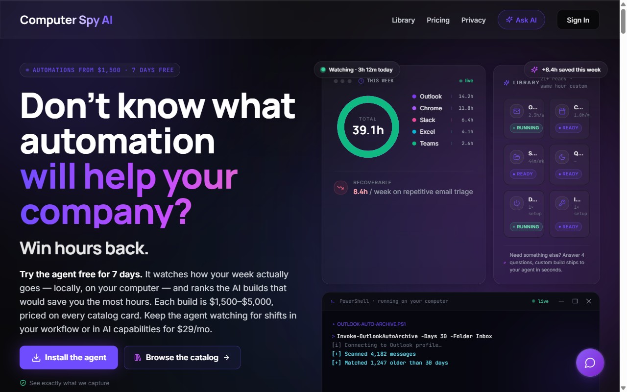 Computer Spy AI homepage with an automation dashboard