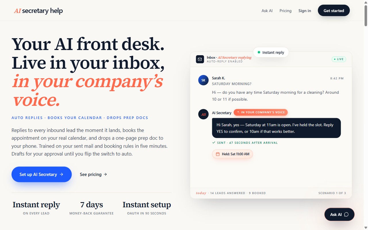 AI Secretary Help homepage with an inbox product demonstration